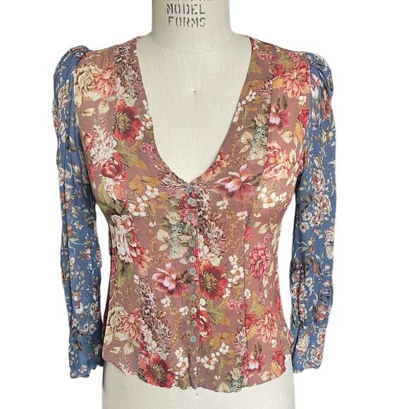 Zara Multicolor Floral Puff Sleeve Button Down V-neck Blouse Size XS X-Small - Picture 1 of 5
